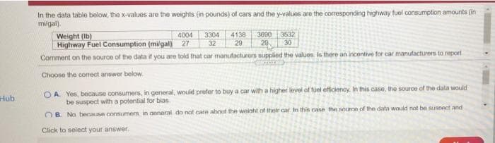 In the data table below, the x-values are the weights (in pounds) of cars and the y-values are the corresponding highway fuel consumption amounts (in
m/gal).
Weight (Ib)
Highway Fuel Consumption (mứgal) 27
Comment on the source of the data it you are told that car manufacturers supplied the values is there an incentive for car manufacturers to report
3690 3532
4138
29
4004
3304
32
20
30
Choose the corect anower below.
O A. Yes, because consumers, in general, would prefer to buy a car with a higher level of tuel efficiency. In this case, the source of the data would
be suspect with a potential for bias.
Hub
OB. No because consumers in oeneral do not care about the weloht of their car In this cane the souron of the data would not be sunnect and
Click to select your answer.
