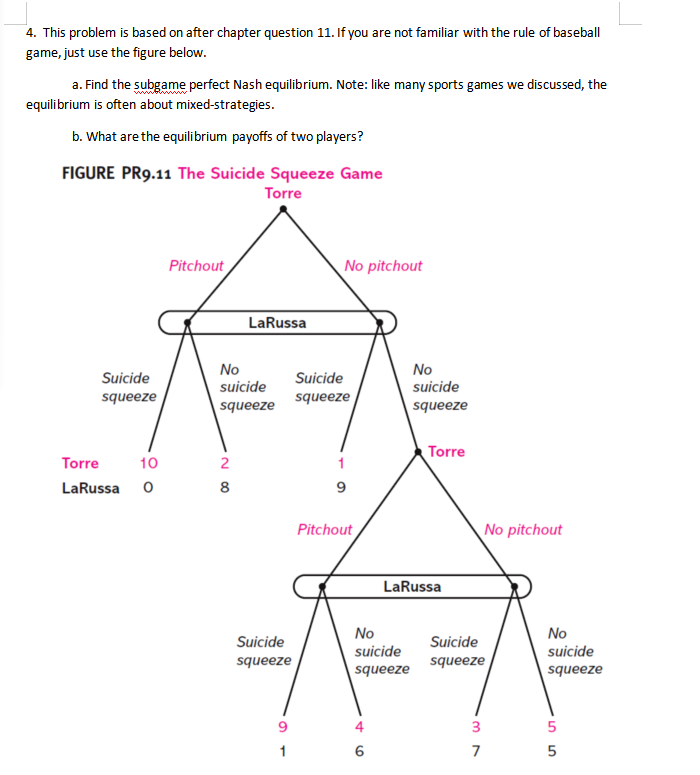 4. This problem is based on after chapter question 11. If you are not familiar with the rule of baseball
game, just use the figure below.
a. Find the subgame perfect Nash equilibrium. Note: like many sports games we discussed, the
equilibrium is often about mixed-strategies.
b. What are the equilibrium payoffs of two players?
FIGURE PR9.11 The Suicide Squeeze Game
Torre
Suicide
squeeze
Torre
10
LaRussa 0
Pitchout
No
suicide
squeeze
2
∞0 N
LaRussa
8
Suicide
squeeze
No pitchout
Suicide
squeeze
9
Pitchout
No
suicide
squeeze
4
6
No
suicide
squeeze
Torre
LaRussa
No pitchout
Suicide
squeeze
37
No
suicide
squeeze
5
55
5