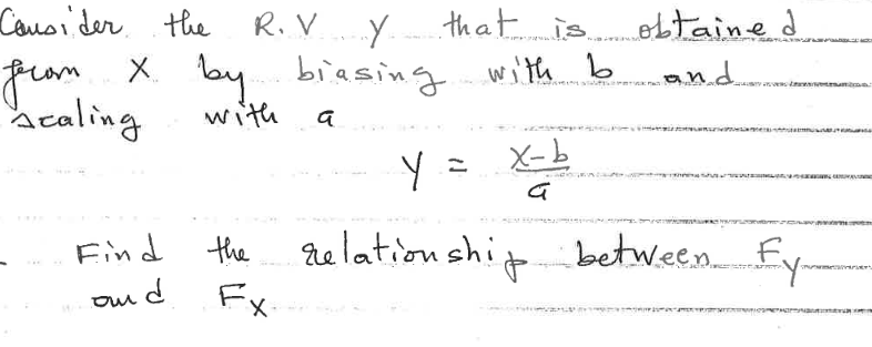 Consider the R.V y that is.
Y.
X. by biasing with b
with
a
делать
Acaling
Find the
om d
Fx.
that is obtained
and
y = x=b
द
relationship between Fy-
F.