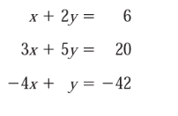 x + 2y =
6
3x + 5y =
20
-4x + y = -42