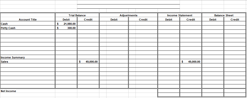 Cash
Petty Cash
Account Title
Income Summary
Sales
Net Income
$
$
Trial Balance
Debit
21.980.00
300.00
$
Credit
49,000.00
Debit
Adjustments
Credit
Income Statement
Debit
Credit
$ 49,000.00
Balance Sheet
Debit
Credit