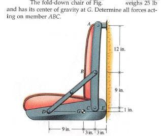 The fold-down chair of Fig.
weighs 25 lb
and has its center of gravity at G. Determine all forces act-
ing on member ABC.
A
12 in.
B
9 in.
DO
E
1 in.
-9 in.
3 in. T3 in.
