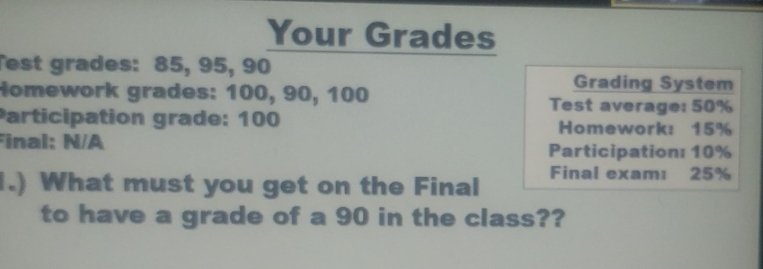 Your Grades
est grades: 85, 95, 90
omework grades: 100, 90, 100
articipation grade: 100
Grading System
Test average: 50%
Homework: 15%
Participationı 10%
Final examı 25%
nal: N/A
-)What must you get on the Final
to have a grade of a 90 in the class??
