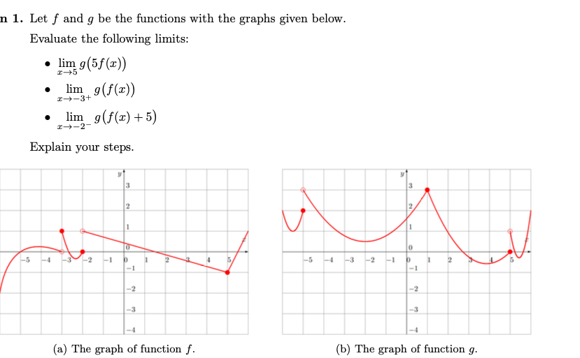 n 1. Let f and g be the functions with the graphs given below.
Evaluate the following limits:
6
• lim g(5f(x))
x→5
lim_g(f(x))
lim_g(f(x) + 5)
T
x→-3+
Explain your steps.
-2 -1
7
3
2
1
0
D
-1
-2
-3
1
(a) The graph of function f.
-5
T
-3 -2 -1
7
3
2,
1
0
D
-1
-2
-3
1
(b) The graph of function g.