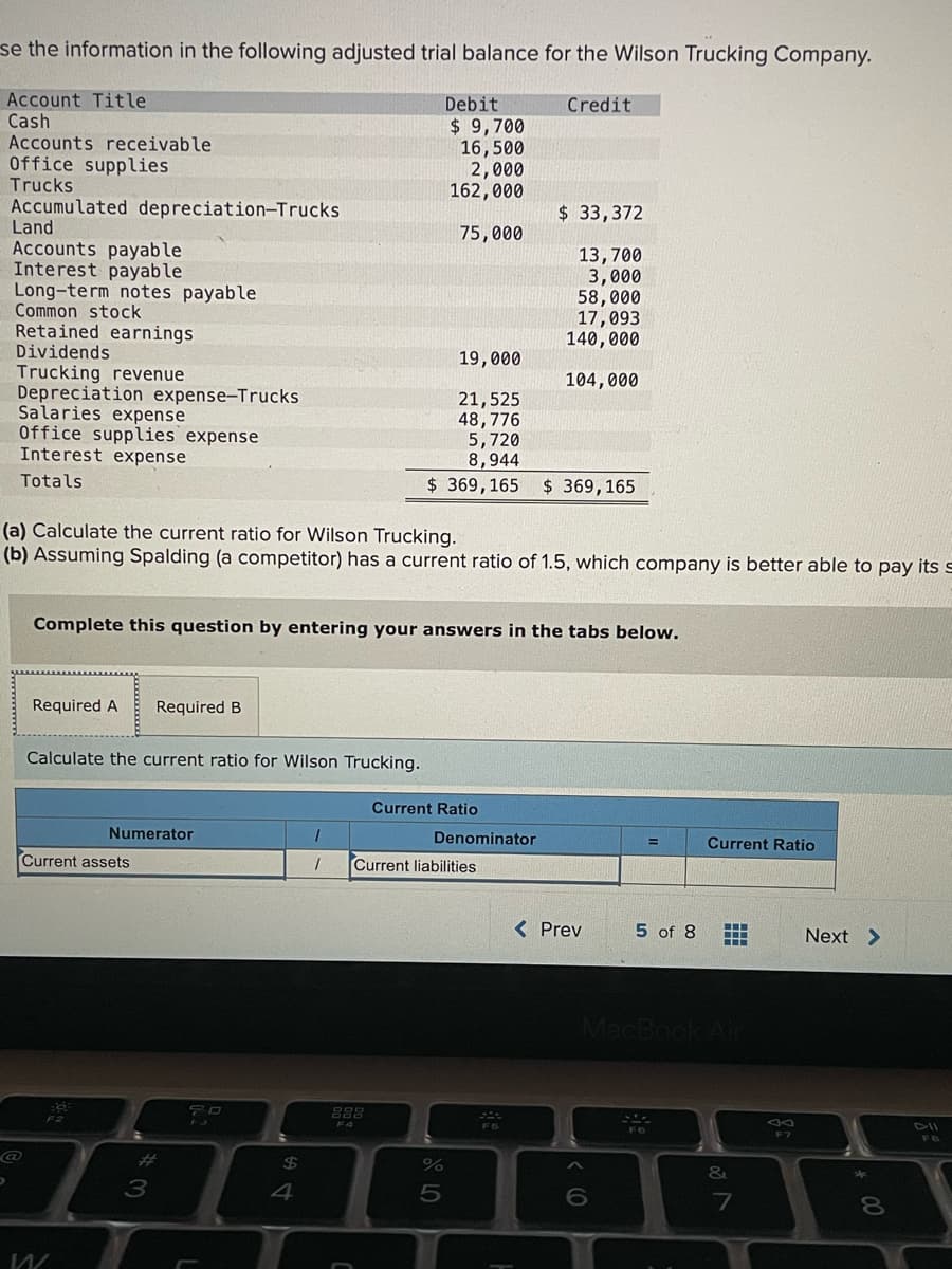 se the information in the following adjusted trial balance for the Wilson Trucking Company.
Account Title
Cash
Accounts receivable
Office supplies
Trucks
Accumulated depreciation-Trucks
Land
Accounts payable
Interest payable
Long-term notes payable
Common stock
Retained earnings
Dividends
Trucking revenue
Depreciation expense-Trucks
Salaries expense
Office supplies expense
Interest expense
Debit
$ 9,700
16,500
2,000
162,000
Credit
$ 33,372
75,000
13,700
3,000
58,000
17,093
140,000
19,000
104,000
21,525
48,776
5,720
8,944
$ 369,165
Totals
$ 369,165
(a) Calculate the current ratio for Wilson Trucking.
(b) Assuming Spalding (a competitor) has a current ratio of 1.5, which company is better able to pay its s
Complete this question by entering your answers in the tabs below.
Required A
Required B
Calculate the current ratio for Wilson Trucking.
Current Ratio
Numerator
Denominator
Current Ratio
%3D
Current assets
Current liabilities
< Prev
5 of 8
Next >
MacB
F4
F6
F7
%23
24
%
4
6.
7
8
