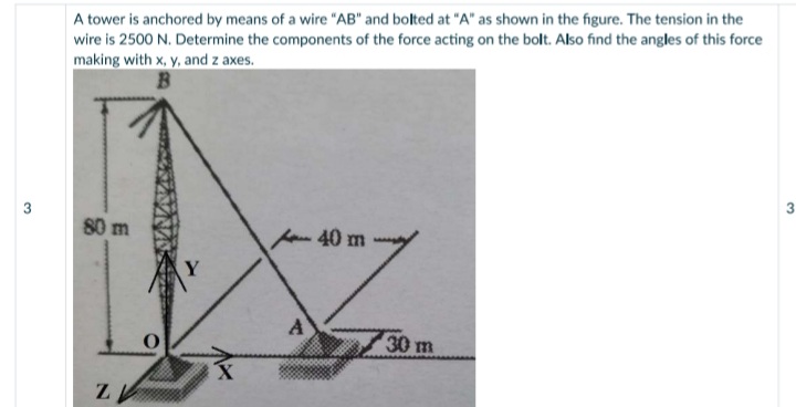 A tower is anchored by means of a wire "AB" and bolted at "A" as shown in the figure. The tension in the
wire is 2500 N. Determine the components of the force acting on the bolt. Also find the angles of this force
making with x, y, and z axes.
3
3.
80 m
40 m
30 m
