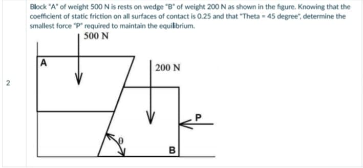 Block "A" of weight 500 N is rests on wedge "B" of weight 200 N as shown in the figure. Knowing that the
coefficient of static friction on all surfaces of contact is 0.25 and that "Theta - 45 degree", determine the
smallest force "P" required to maintain the equilibrium.
500 N
A
200 N
2
