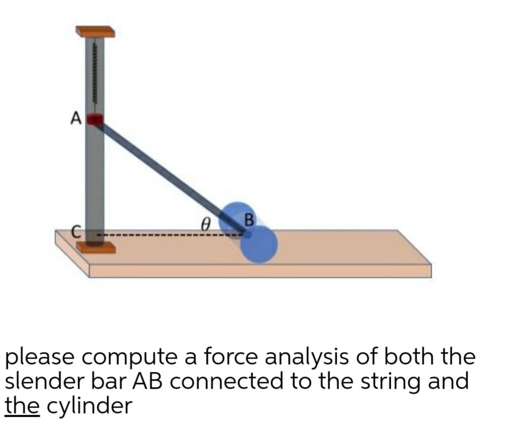 A
C
please compute a force analysis of both the
slender bar AB connected to the string and
the cylinder
