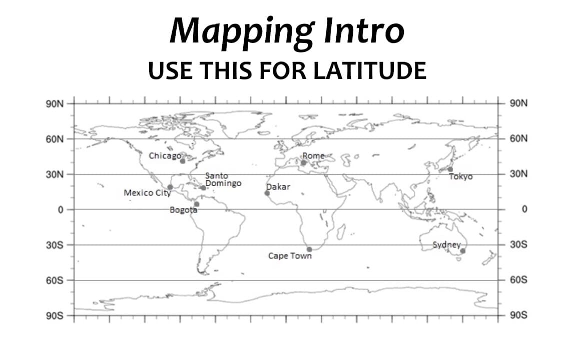 Mapping Intro
USE THIS FOR LATITUDE
90N
90N
60N
60N
Chicago
Rome
30N
30N
Santo
Domingo
Tokyo
Mexico City
Dakar
-Bogota
30S
Sydney-
30S
Cape Town
60S
60S
90S
90S
