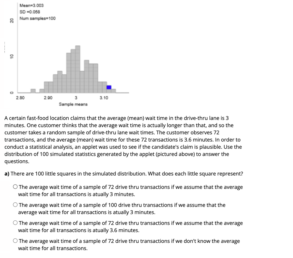 Mean=3.003
SD =0.058
Num samples=100
2.80
2.90
3
3.10
Sample means
A certain fast-food location claims that the average (mean) wait time in the drive-thru lane is 3
minutes. One customer thinks that the average wait time is actually longer than that, and so the
customer takes a random sample of drive-thru lane wait times. The customer observes 72
transactions, and the average (mean) wait time for these 72 transactions is 3.6 minutes. In order to
conduct a statistical analysis, an applet was used to see if the candidate's claim is plausible. Use the
distribution of 100 simulated statistics generated by the applet (pictured above) to answer the
questions.
a) There are 100 little squares in the simulated distribution. What does each little square represent?
O The average wait time of a sample of 72 drive thru transactions if we assume that the average
wait time for all transactions is atually 3 minutes.
The average wait time of a sample of 100 drive thru transactions if we assume that the
average wait time for all transactions is atually 3 minutes.
O The average wait time of a sample of 72 drive thru transactions if we assume that the average
wait time for all transactions is atually 3.6 minutes.
The average wait time of a sample of 72 drive thru transactions if we don't know the average
wait time for all transactions.
20
10