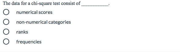 The data for a chi-square test consist of
numerical scores
non-numerical categories
ranks
frequencies
