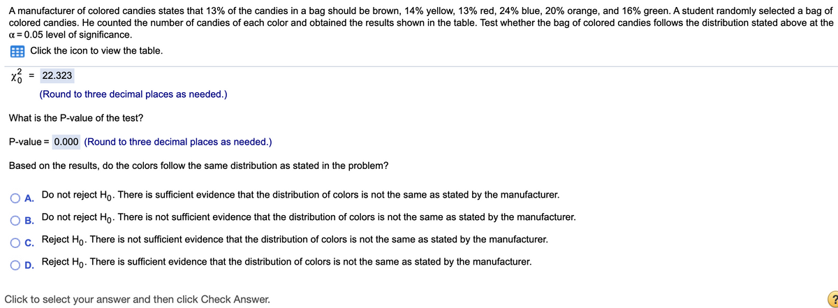 A manufacturer of colored candies states that 13% of the candies in a bag should be brown, 14% yellow, 13% red, 24% blue, 20% orange, and 16% green. A student randomly selected a bag of
colored candies. He counted the number of candies of each color and obtained the results shown in the table. Test whether the bag of colored candies follows the distribution stated above at the
a = 0.05 level of significance.
Click the icon to view the table.
= 22.323
(Round to three decimal places as needed.)
What is the P-value of the test?
P-value = 0.000 (Round to three decimal places as needed.)
Based on the results, do the colors follow the same distribution as stated in the problem?
A.
Do not reject Ho. There is sufficient evidence that the distribution of colors is not the same as stated by the manufacturer.
В.
Do not reject Ho. There is not sufficient evidence that the distribution of colors is not the same as stated by the manufacturer.
Reject Ho. There is not sufficient evidence that the distribution of colors is not the same as stated by the manufacturer.
С.
OD Reject Ho. There is sufficient evidence that the distribution of colors is not the same as stated by the manufacturer.
Click to select your answer and then click Check Answer.
