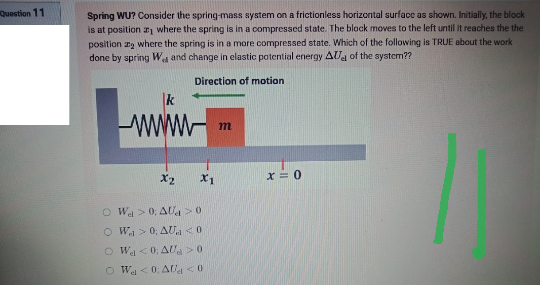 Question 11
Spring WU? Consider the spring-mass system on a frictionless horizontal surface as shown. Initially, the block
is at position ₁ where the spring is in a compressed state. The block moves to the left until it reaches the the
position where the spring is in a more compressed state. Which of the following is TRUE about the work
done by spring Wel and change in elastic potential energy AUel of the system??
Direction of motion
k
wwwww
m
x2 X1
O Wel>0; AU > 0
O Wel > 0; AU <0
O Wel < 0; AU 0
O Wel<0; AUel<0
x = 0