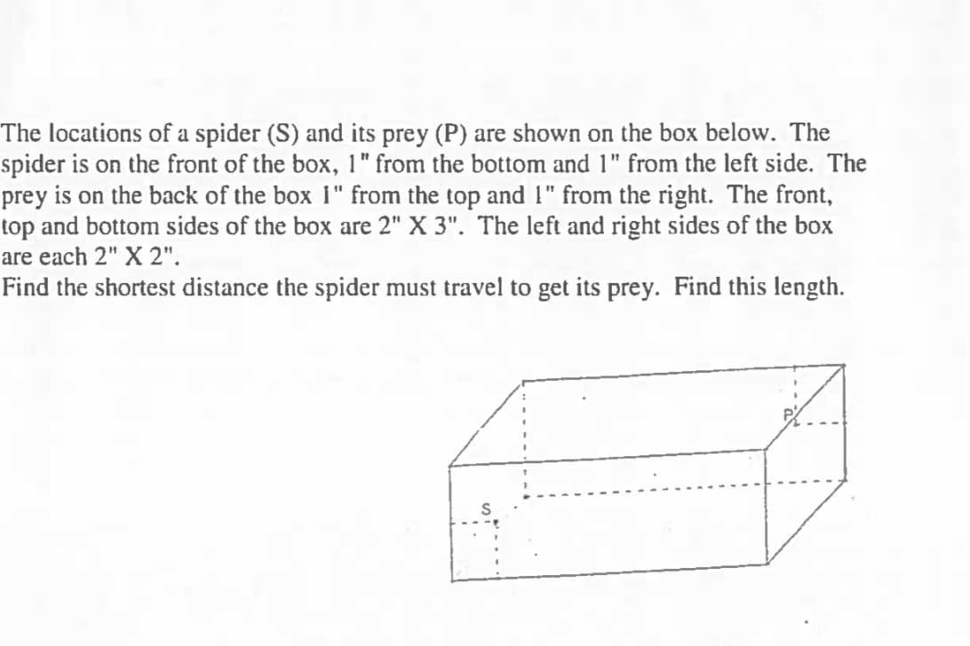 The locations of a spider (S) and its prey (P) are shown on the box below. The
spider is on the front of the box, 1" from the bottom and 1" from the left side. The
prey is on the back of the box 1" from the top and 1" from the right. The front,
top and bottom sides of the box are 2" X 3". The left and right sides of the box
are each 2" X 2".
Find the shortest distance the spider must travel to get its prey. Find this length.
