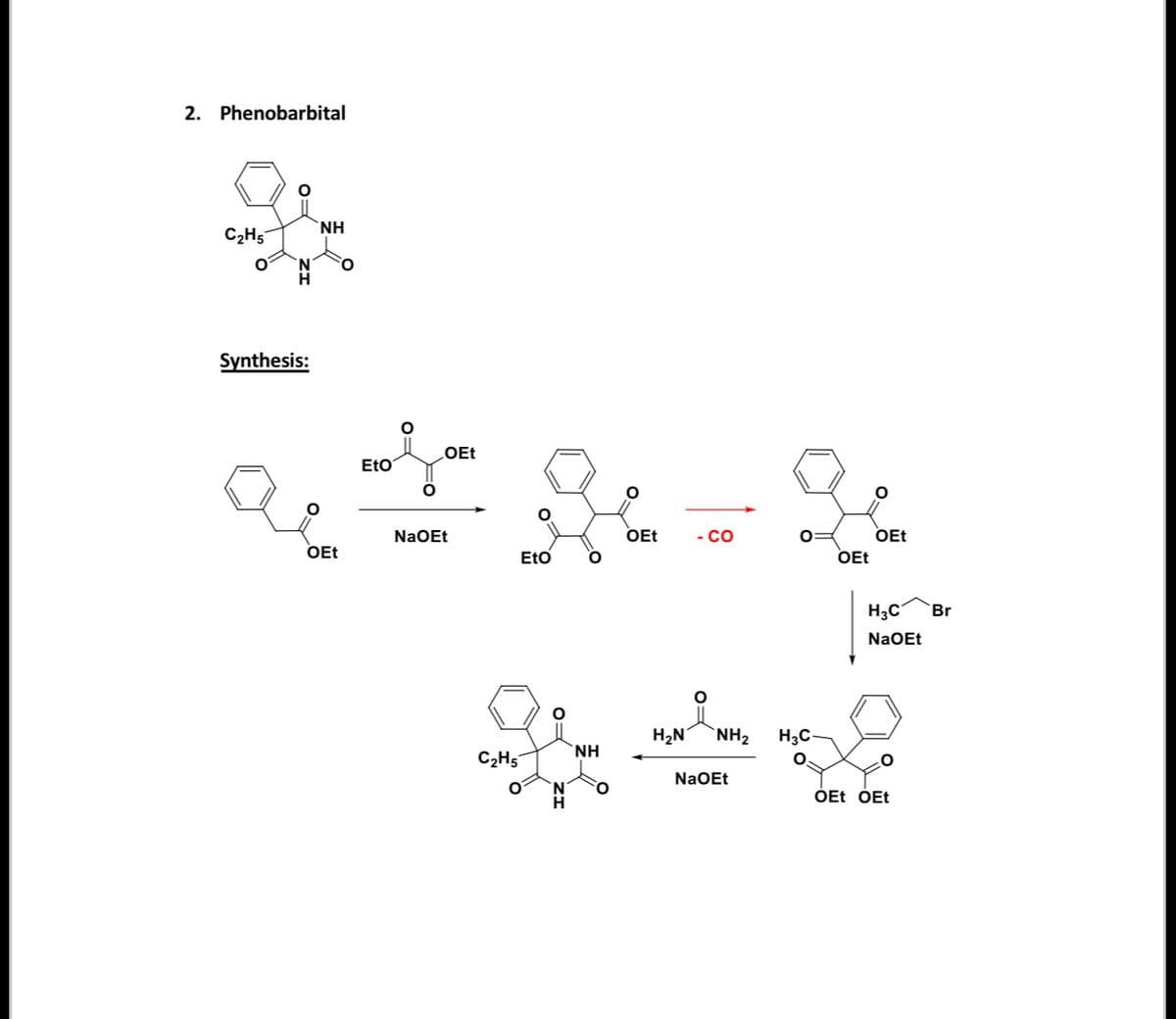 2. Phenobarbital
C2H5
`NH
Synthesis:
OEt
Eto
OEt
- co
OEt
OEt
NaOEt
OEt
Eto
H3C
Br
NaOEt
H2N
`NH2
H3C-
`NH
C2H5
NaOEt
O.
OEt OEt
O.
0=
