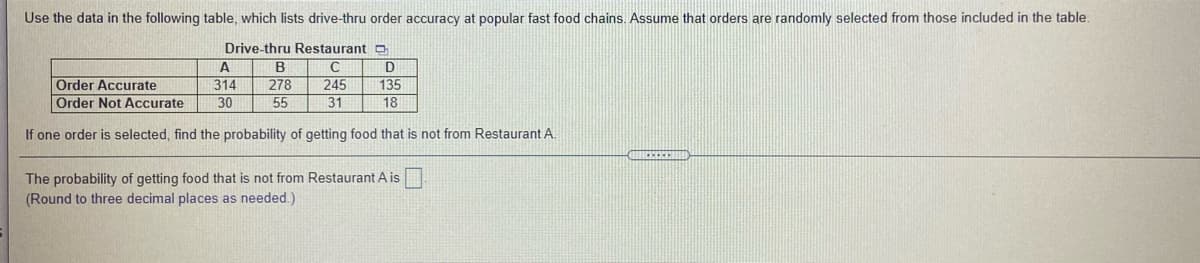 Use the data in the following table, which lists drive-thru order accuracy at popular fast food chains. Assume that orders are randomly selected from those included in the table.
Drive-thru Restaurant O
Order Accurate
Order Not Accurate
B
278
55
314
245
135
30
31
18
If one order is selected, find the probability of getting food that is not from Restaurant A.
The probability of getting food that is not from Restaurant A is
(Round to three decimal places as needed.)
