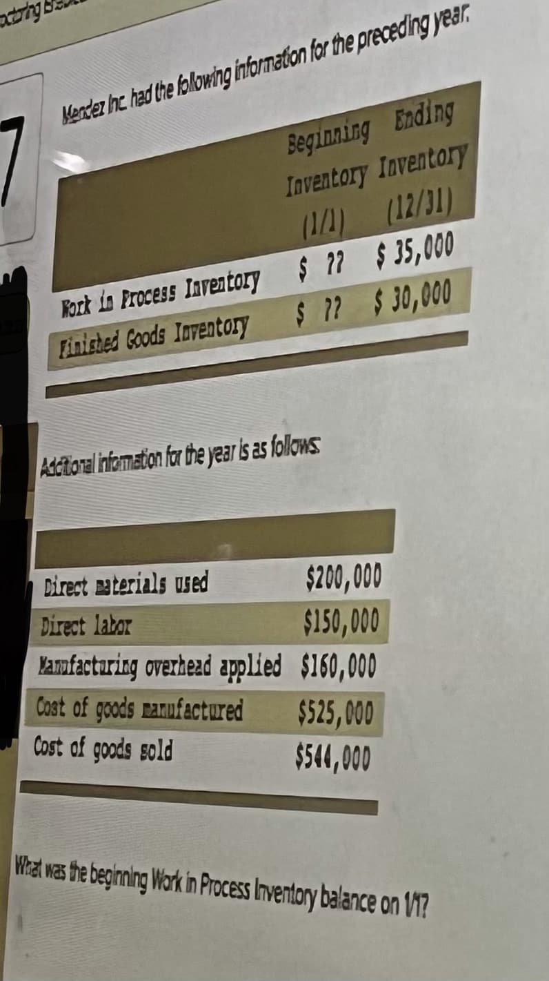 Merder Ihc had the folowing informaton for the preceding year.
Beginning Ending
Inventory Inventory
(1/1) (12/31)
Rark in Process Inventory $ 22 $ 35,000
Finisbed Goods Inventory
$ 72 $ 30,000
Additoral information for the jear is as follows
Direct materials used
$200,000
Direct labor
$150,000
Yamfacturing overhead applied $160,000
Cost of goods manufactured
$525,000
$54,00
Cost of goods sold
What was the begirning Work in Process Inventory balance on 1?
