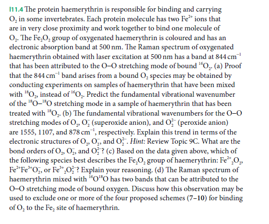 I11.4 The protein haemerythrin is responsible for binding and carrying
O, in some invertebrates. Each protein molecule has two Fe* ions that
are in very close proximity and work together to bind one molecule of
0,. The Fe,O, group of oxygenated haemerythrin is coloured and has an
electronic absorption band at 500 nm. The Raman spectrum of oxygenated
haemerythrin obtained with laser excitation at 500 nm has a band at 844 cm
that has been attributed to the O-0 stretching mode of bound "0,. (a) Proof
that the 844 cm" band arises from a bound O, species may be obtained by
conducting experiments on samples of haemerythrin that have been mixed
with "O, instead of "O,. Predict the fundamental vibrational wavenumber
of the "O-"O stretching mode in a sample of haemerythrin that has been
treated with "O,. (b) The fundamental vibrational wavenumbers for the O-0
stretching modes of O, O, (superoxide anion), and O (peroxide anion)
are 1555, 1107, and 878 cm", respectively. Explain this trend in terms of the
electronic structures of O, O, and O. Hint: Review Topic 9C. What are the
bond orders of O, O, and O? ? (c) Based on the data given above, which of
the following species best describes the Fe,O, group of haemerythrin: Fe*,0,
Fe*Fe*O, or Fe",O ? Explain your reasoning. (d) The Raman spectrum of
haemerythrin mixed with "O"O has two bands that can be attributed to the
0-0 stretching mode of bound oxygen. Discuss how this observation may be
used to exclude one or more of the four proposed schemes (7-10) for binding
of O, to the Fe, site of haemerythrin.
