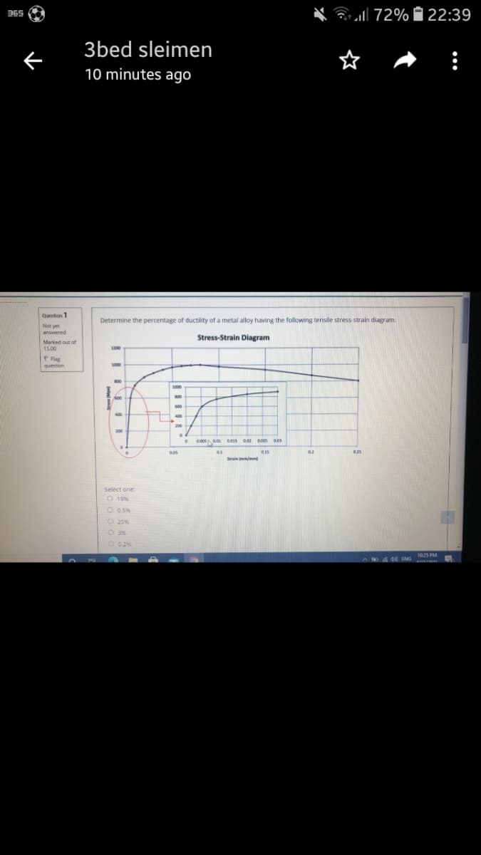 al 72% Í 22:39
365
3bed sleimen
10 minutes ago
Question 1
Determine the percentage of ductility of a metal alloy having the following tensile stress-strain diagram.
Not yer
answered
Stress-Strain Diagram
Marked out of
15.00
P lag
question
025
Strain jem/em
Select one:
O 25%
O 0.26
