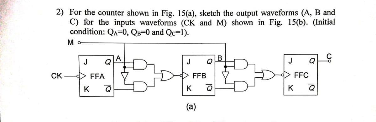 2) For the counter shown in Fig. 15(a), sketch the output waveforms (A, B and
C) for the inputs waveforms (CK and M) shown in Fig. 15(b). (Initial
condition: QA=0, QB=0 and Qc=1).
Mo
J
Q
J
B
Q
J
Q
СK —
FFA
FFB
FFC
K
(a)
