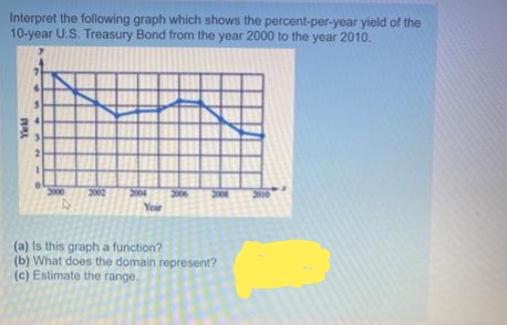 Interpret the following graph which shows the percent-per-year yield of the
10-year U.S. Treasury Bond from the year 2000 to the year 2010.
2000
204
2010
Year
(a) Is this graph a function?
(b) What does the domain represent?
(c) Estimate the range.
