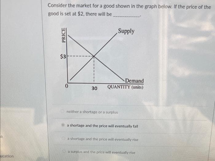 k
ucation
Consider the market for a good shown in the graph below. If the price of the
good is set at $2, there will be
Supply
PRICE
$3
Demand
0
30
QUANTITY (units)
Oneither a shortage or a surplus
a shortage and the price will eventually fall
a shortage and the price will eventually rise
a surplus and the price will eventually rise