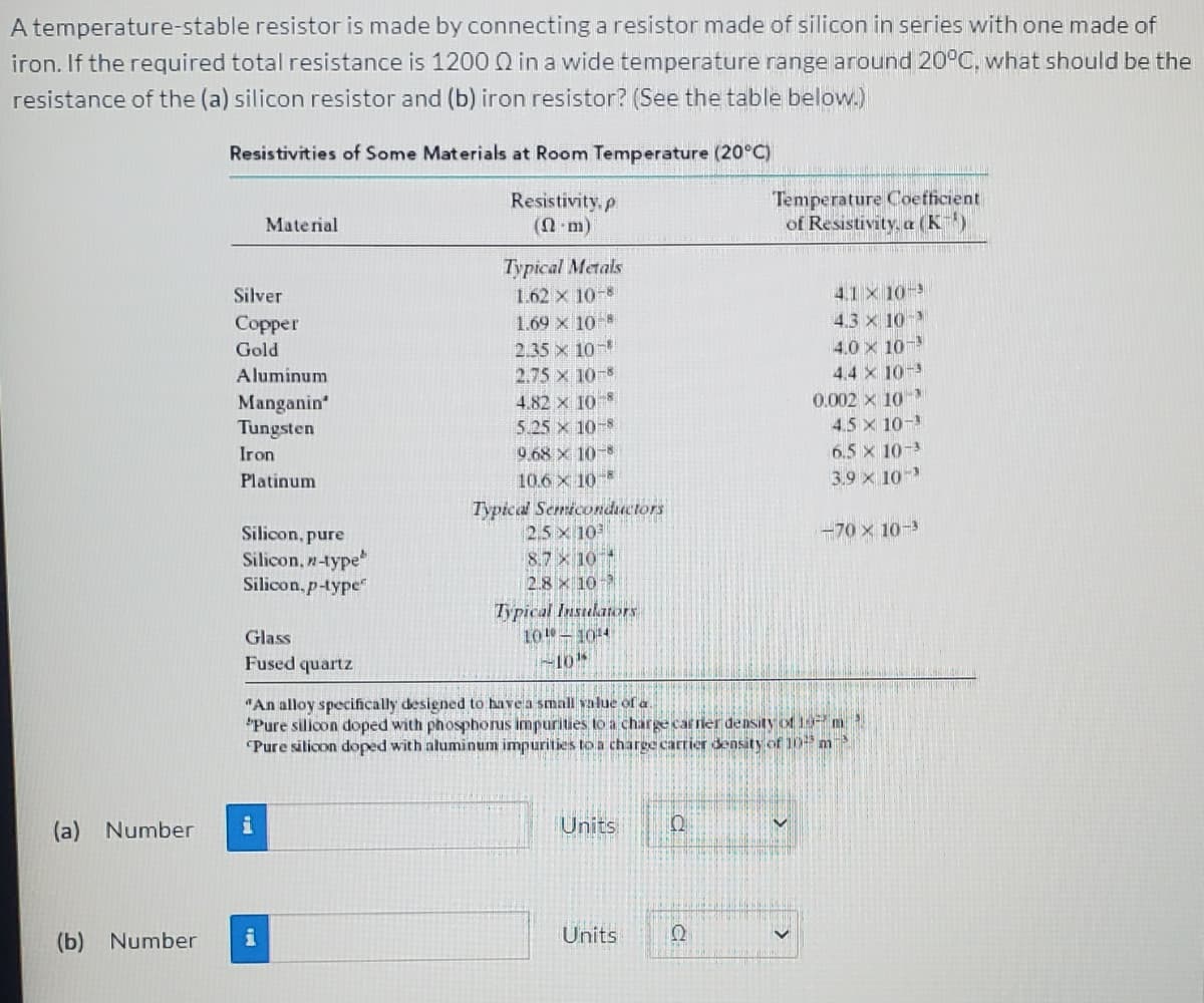 A temperature-stable resistor is made by connecting a resistor made of silicon in series with one made of
iron. If the required total resistance is 1200 Q in a wide temperature range around 20°C, what should be the
resistance of the (a) silicon resistor and (b) iron resistor? (See the table below.)
Resistivities of Some Materials at Room Temperature (20°C)
Resistivity, p
(N m)
Temperature Coefficient
of Resistivity,a (K)
Material
Typical Metals
Silver
1.62 x 10-8
4.1 X 10-
Copper
1.69 x 10-8
4.3 x 10-
4.0 x 10-
4.4 x 10-3
Gold
2.35 x 10-
2.75 x 10-8
4.82 x 10
5.25 x 10-8
Aluminum
Manganin
Tungsten
0.002 x 10
4.5 x 10-
Iron
9.68 X 10-8
6.5 x 10-3
3.9 x 10-
10.6 x 10
Typtcal Semiconductors
2.5 x10
8.7 x 10
2.8 x 10-
Platinum
Silicon, pure
-70 x 10-
Silicon, n-type"
Silicon, p-type"
Typical Insulators
10- 1014
Glass
Fused quartz
"An alloy specifically designed to have a small value of a
"Pure silicon doped with phosphorus impurities to a charge car rier density of 19m
"Pure silicon doped with aluminum impurities to a charge carrier density of 10 m
(a) Number
i
Units
(b)
Number
i
Units
