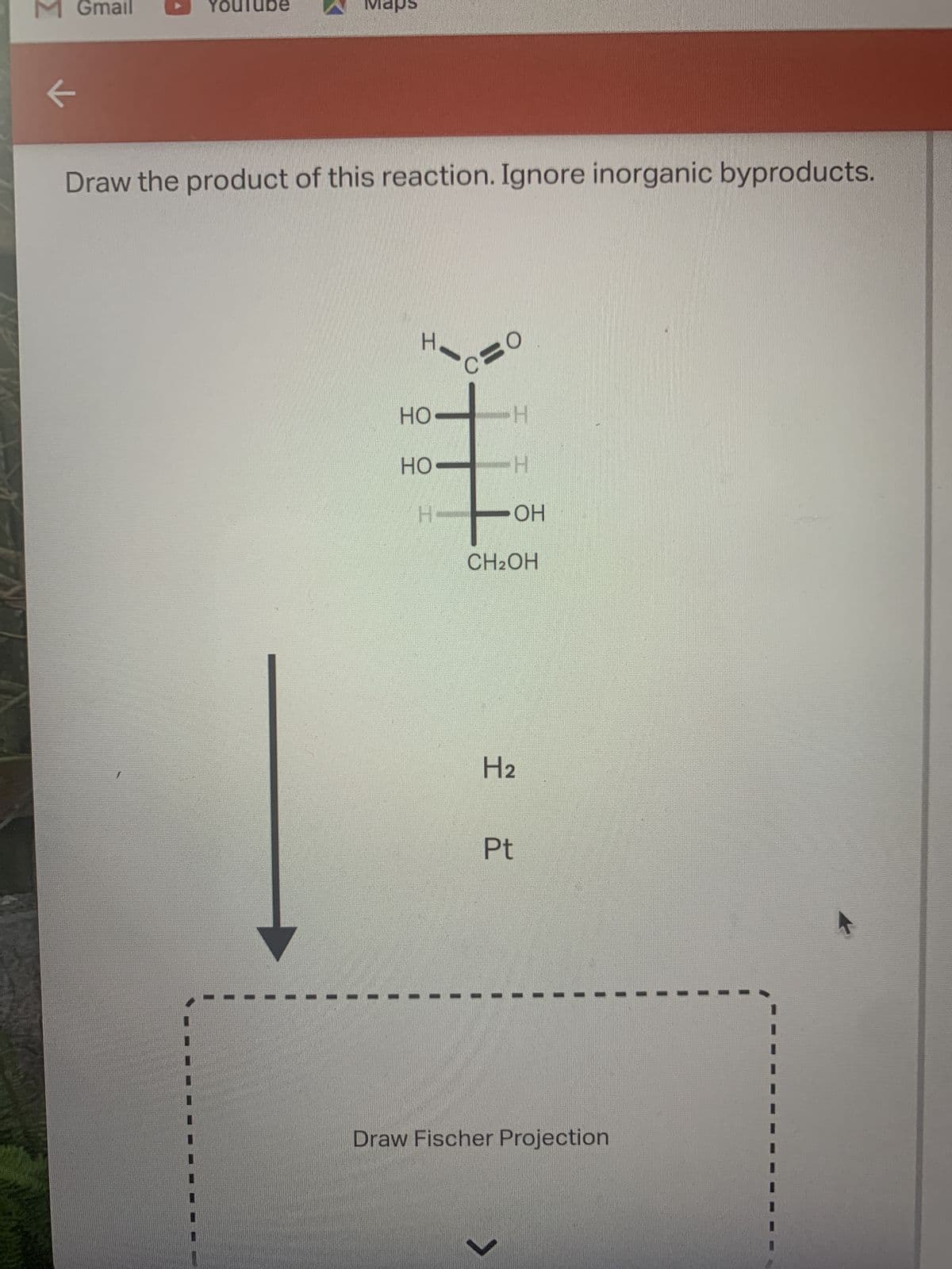 M Gmail
K
YO
Maps
Draw the product of this reaction. Ignore inorganic byproducts.
Н.
HO
с=0
HO
H
H
OH
CH₂OH
H2₂
Pt
J
Draw Fischer Projection