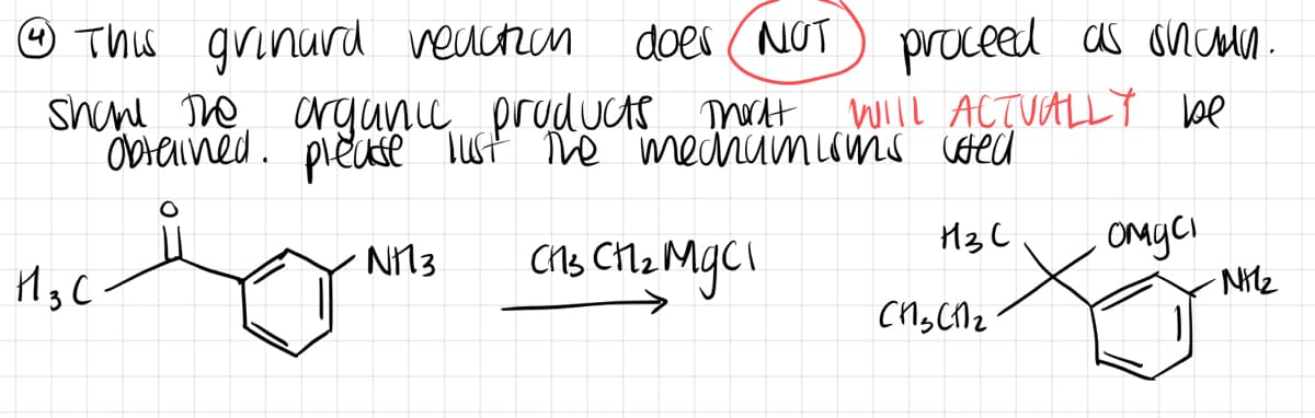 Ⓒ This grinard reaction does NOT proceed as shown.
Shane The organic products That WILL ACTUALLY be
obtained. please lust the mechamisms used
H3C
спя спамусі
H₂C
N113
сиясиг
омусі
-NH₂