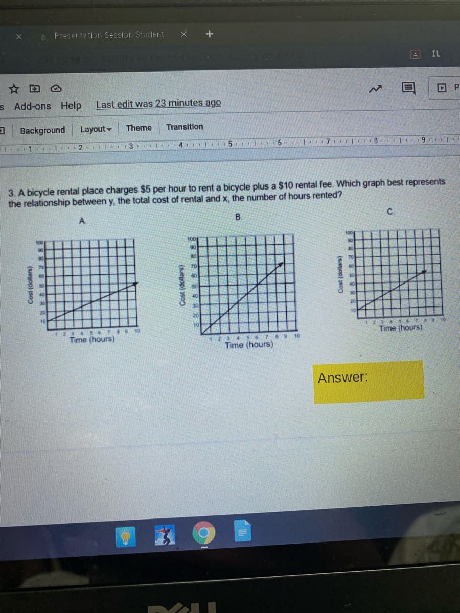 O Fresentetian Session Student
IL
s Add-ons Help
Last edit was 23 minutes ago
Background
Layout-
Theme
Transition
3 4
6 7 Ir8 L 9 l
3. A bicycle rental place charges $5 per hour to rent a bicycle plus a $10 rental fee. Which graph best represents
the relationship between y, the total cost of rental and x, the number of hours rented?
B.
C.
70
1234 Se
Time (hours)
Time (hours)
567 8 9 10
123
Time (hours)
Answer:
(Sepop) 1so0

