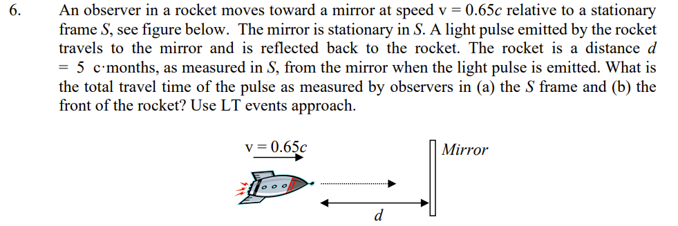 6.
An observer in a rocket moves toward a mirror at speed v = 0.65c relative to a stationary
frame S, see figure below. The mirror is stationary in S. A light pulse emitted by the rocket
travels to the mirror and is reflected back to the rocket. The rocket is a distance d
= 5 c.months, as measured in S, from the mirror when the light pulse is emitted. What is
the total travel time of the pulse as measured by observers in (a) the S frame and (b) the
front of the rocket? Use LT events approach.
v = 0.65c
。oo
d
Mirror