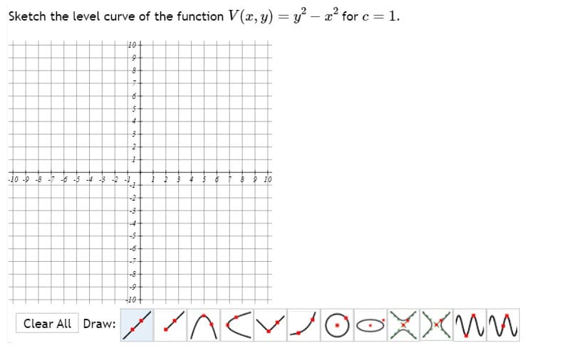 Sketch the level curve of the function V(x, y) = y² - x² for c = 1.
10
Clear All Draw:
و
8
7
ه
5 +
4-
16
on ca
3
1
-10-9-8-7 -6 -5 -4 -3 -2 -1
-1
-2
و۔
-4-
ی۔
-7-
-8-
-9-
-10+
1 2
8
10 و
٨٢٧٠
•XXun