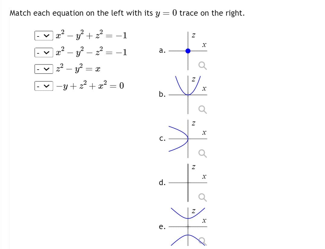 Match each equation on the left with its y = 0 trace on the right.
x² - y² + z²
V
X
2
-y²
-
||
=
= X
-1
2
2=-1
- y²
-y+z²+x² = 0
a.
b.
C.
→
d.
Z
e.
N
X
X
X
O
**°*|{