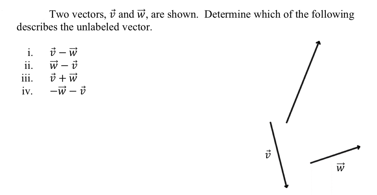 Two vectors, and w, are shown. Determine which of the following
describes the unlabeled vector.
i.
ii.
iii.
iv.
v - W
W-V
v + w
-W-v
12
13