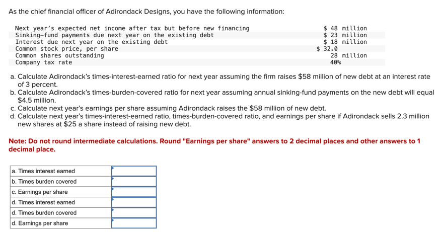 As the chief financial officer of Adirondack Designs, you have the following information:
Next year's expected net income after tax but before new financing
Sinking-fund payments due next year on the existing debt
Interest due next year on the existing debt
Common stock price, per share
Common shares outstanding
Company tax rate
$ 48 million
$ 23 million
$ 18 million
$ 32.0
28 million
40%
a. Calculate Adirondack's times-interest-earned ratio for next year assuming the firm raises $58 million of new debt at an interest rate
of 3 percent.
b. Calculate Adirondack's times-burden-covered ratio for next year assuming annual sinking-fund payments on the new debt will equal
$4.5 million.
c. Calculate next year's earnings per share assuming Adirondack raises the $58 million of new debt.
d. Calculate next year's times-interest-earned ratio, times-burden-covered ratio, and earnings per share if Adirondack sells 2.3 million
new shares at $25 a share instead of raising new debt.
Note: Do not round intermediate calculations. Round "Earnings per share" answers to 2 decimal places and other answers to 1
decimal place.
a. Times interest earned
b. Times burden covered
c. Earnings per share
d. Times interest earned
d. Times burden covered
d. Earnings per share