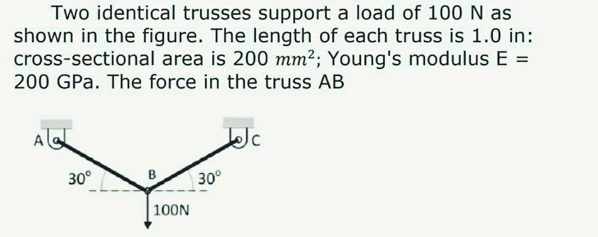 Two identical trusses support a load of 100 N as
shown in the figure. The length of each truss is 1.0 in:
cross-sectional area is 200 mm2; Young's modulus E =
200 GPa. The force in the truss AB
A
30°
B
30°
100N
