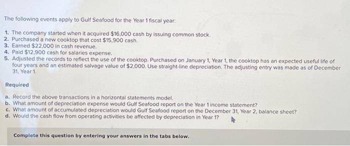 The following events apply to Gulf Seafood for the Year 1 fiscal year.
1. The company started when it acquired $16,000 cash by issuing common stock.
2. Purchased a new cooktop that cost $15,900 cash.
3. Earned $22,000 in cash revenue.
4. Paid $12,900 cash for salaries expense.
5. Adjusted the records to reflect the use of the cooktop. Purchased on January 1, Year 1, the cooktop has an expected useful life of
four years and an estimated salvage value of $2,000. Use straight-line depreciation. The adjusting entry was made as of December
31, Year 1.
Required
a. Record the above transactions in a horizontal statements model.
b. What amount of depreciation expense would Gulf Seafood report on the Year 1 income statement?
c. What amount of accumulated depreciation would Gulf Seafood report on the December 31, Year 2, balance sheet?
d. Would the cash flow from operating activities be affected by depreciation in Year 1?
Complete this question by entering your answers in the tabs below.