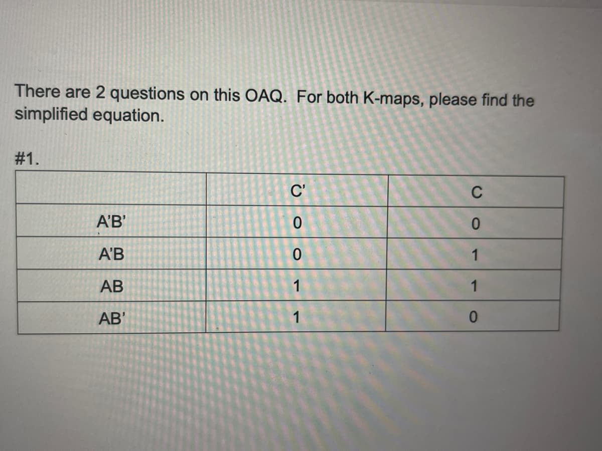 There are 2 questions on this OAQ. For both K-maps, please find the
simplified equation.
#1.
C'
C
A'B'
АВ
1
АВ
1
1
AB'
1
