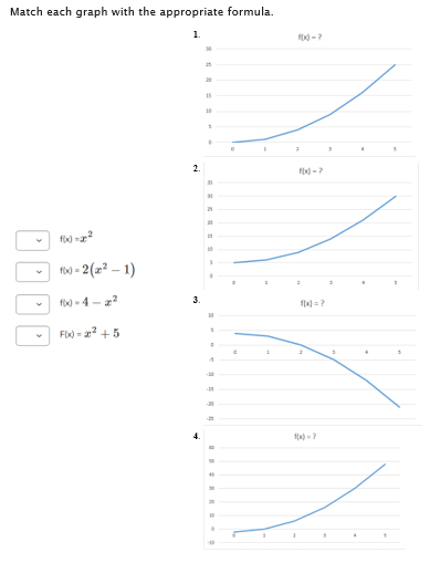 Match each graph with the appropriate formula.
1.
DO
fbx) -22
fox-2 (²-1)
fix)-4-2²
F(x)=2²+5
2.
3.
4.
10
20
15
10
S
.
35
30
30
S
1
1
21
50
40
30
30
D
1x)-7
2
10-7
f(x) = ?
4