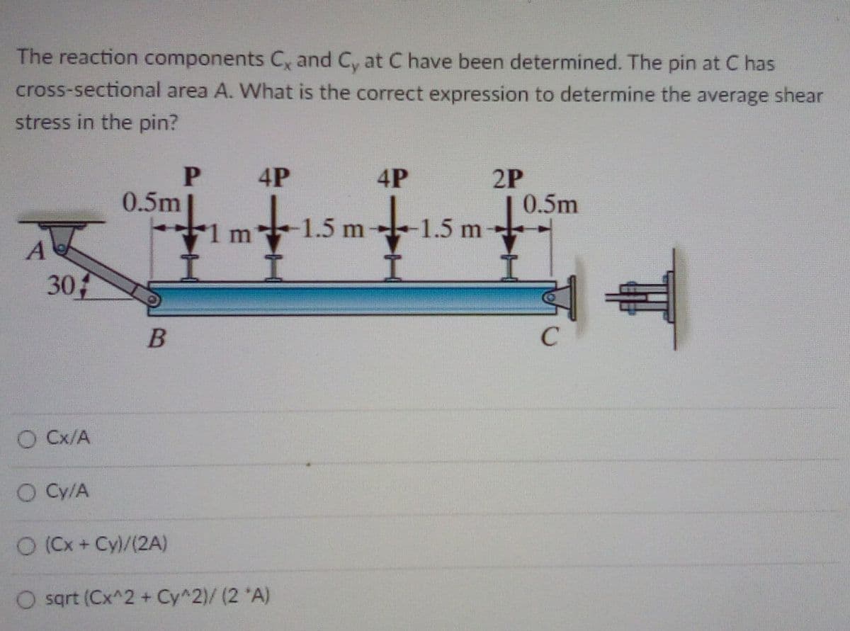 The reaction components C, and Cy at C have been determined. The pin at C has
cross-sectional area A. What is the correct expression to determine the average shear
stress in the pin?
4P
4P
2P
0.5m
0.5m
1.5 m
-1.5 m
30
C
O Cx/A
O Cy/A
O (Cx + Cy)/(2A)
sqrt (Cx^2 + Cy^2)/ (2 *A)
