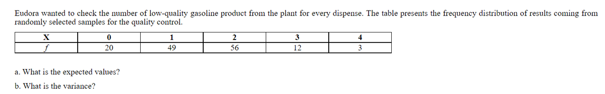 Eudora wanted to check the number of low-quality gasoline product from the plant for every dispense. The table presents the frequency distribution of results coming from
randomly selected samples for the quality control.
X
1
2
3
4
f
20
49
56
12
3
a. What is the expected values?
b. What is the variance?
