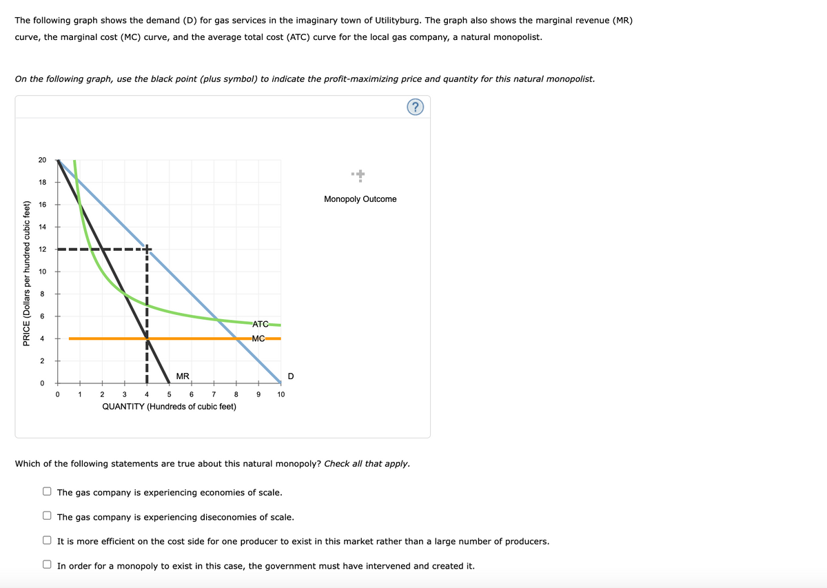 The following graph shows the demand (D) for gas services in the imaginary town of Utilityburg. The graph also shows the marginal revenue (MR)
curve, the marginal cost (MC) curve, and the average total cost (ATC) curve for the local gas company, a natural monopolist.
On the following graph, use the black point (plus symbol) to indicate the profit-maximizing price and quantity for this natural monopolist.
20
18
Monopoly Outcome
16
14
12
10
8
6
АТС
4
MC
2
MR
D
1
3 4 5 6
7
8
9
10
QUANTITY (Hundreds of cubic feet)
Which of the following statements are true about this natural monopoly? Check all that apply.
U The gas company is experiencing economies of scale.
U The gas company is experiencing diseconomies of scale.
It is more efficient on the cost side for one producer to exist in this market rather than a large number of producers.
O In order for a monopoly to exist in this case, the government must have intervened and created it.
PRICE (Dollars per hundred cubic feet)
