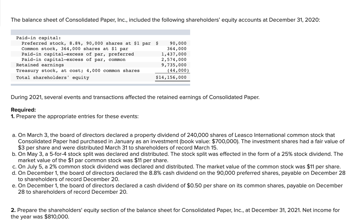 The balance sheet of Consolidated Paper, Inc., included the following shareholders' equity accounts at December 31, 2020:
Paid-in capital:
Preferred stock, 8.8%, 90,000 shares at $1 par
Common stock, 364,000 shares at $1 par
Paid-in capital-excess of par, preferred
Paid-in capital-excess of par, common
Retained earnings
$
90,000
364,000
1,437,000
2,574,000
9,735,000
( 44,000)
Treasury stock, at cost; 4,000 common shares
Total shareholders' equity
$14,156,000
During 2021, several events and transactions affected the retained earnings of Consolidated Paper.
Required:
1. Prepare the appropriate entries for these events:
a. On March 3, the board of directors declared a property dividend of 240,000 shares of Leasco International common stock that
Consolidated Paper had purchased in January as an investment (book value: $700,000). The investment shares had a fair value of
$3 per share and were distributed March 31 to shareholders of record March 15.
b. On May 3, a 5-for-4 stock split was declared and distributed. The stock split was effected in the form of a 25% stock dividend. The
market value of the $1 par common stock was $11 per share.
c. On July 5, a 2% common stock dividend was declared and distributed. The market value of the common stock was $11 per share.
d. On December 1, the board of directors declared the 8.8% cash dividend on the 90,000 preferred shares, payable on December 28
to shareholders of record December 2O.
e. On December 1, the board of directors declared a cash dividend of $0.50 per share on its common shares, payable on December
28 to shareholders of record December 20.
2. Prepare the shareholders' equity section of the balance sheet for Consolidated Paper, Inc., at December 31, 2021. Net income for
the year was $810,000.
