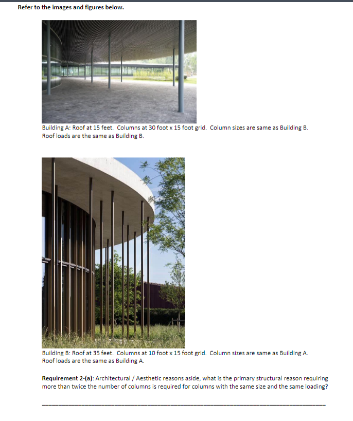 Refer to the images and figures below.
Building A: Roof at 15 feet. Columns at 30 foot x 15 foot grid. Column sizes are same as Building B.
Roof loads are the same as Building B.
Building B: Roof at 35 feet. Columns at 10 foot x 15 foot grid. Column sizes are same as Building A.
Roof loads are the same as Building A.
Requirement 2-(a): Architectural / Aesthetic reasons aside, what is the primary structural reason requiring
more than twice the number of columns is required for columns with the same size and the same loading?