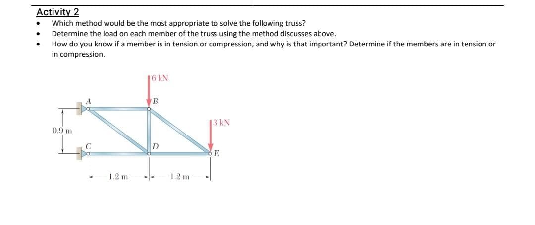 Activity 2
Which method would be the most appropriate to solve the following truss?
Determine the load on each member of the truss using the method discusses above.
How do you know if a member is in tension or compression, and why is that important? Determine if the members are in tension or
in compression.
16 kN
13 kN
0.9 m
E
1.2 m
1.2 m
