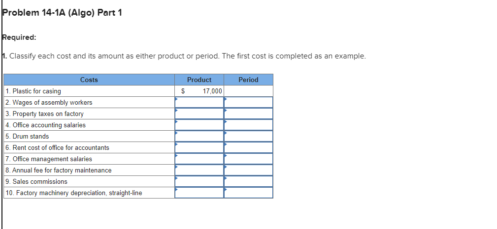 Problem 14-1A (Algo) Part 1
Required:
1. Classify each cost and its amount as either product or period. The first cost is completed as an example.
Costs
1. Plastic for casing
2. Wages of assembly workers
3. Property taxes on factory
4. Office accounting salaries
5. Drum stands
6. Rent cost of office for accountants
7. Office management salaries
8. Annual fee for factory maintenance
9. Sales commissions
10. Factory machinery depreciation, straight-line
Product
Period
$
17,000