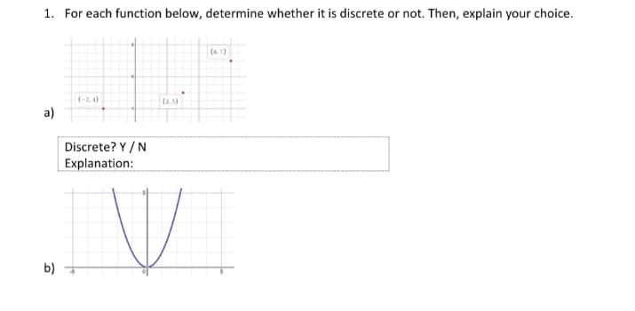 1. For each function below, determine whether it is discrete or not. Then, explain your choice.
(6.7)
(-2.4)
(a, 5)
a)
Discrete? Y / N
Explanation:
b)
