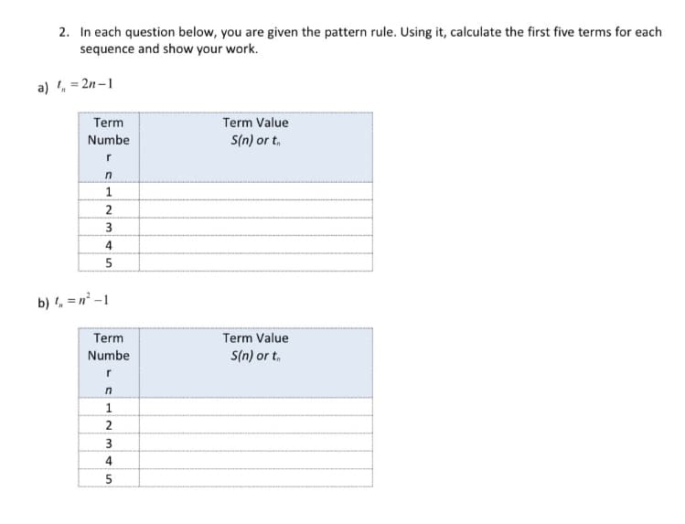 2. In each question below, you are given the pattern rule. Using it, calculate the first five terms for each
sequence and show your work.
a) , = 2n – 1
Term
Term Value
Numbe
S(n) or t,
r
1
3
4
b) , = n² – 1
Term Value
S(n) or t.
Term
Numbe
r
in
1
2
3
5
