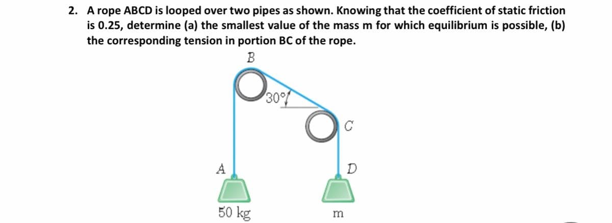 2. A rope ABCD is looped over two pipes as shown. Knowing that the coefficient of static friction
is 0.25, determine (a) the smallest value of the mass m for which equilibrium is possible, (b)
the corresponding tension in portion BC of the rope.
B
30
C
A
50 kg
