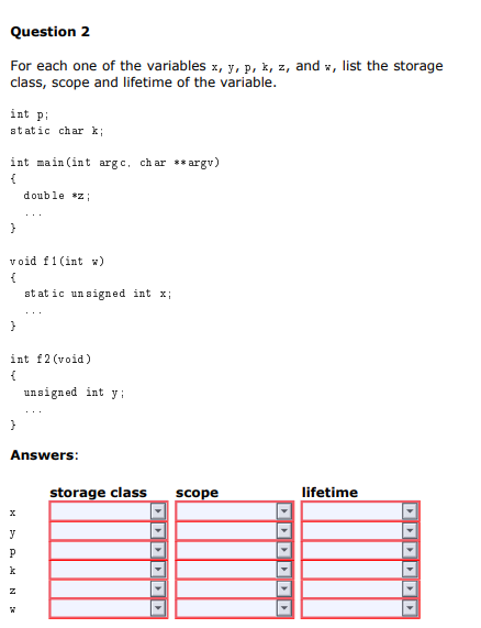 Question 2
For each one of the variables x, y, p, k, z, and x, list the storage
class, scope and lifetime of the variable.
int pi
static char k;
int main (int arg c, ch ar ** argv)
double *z ;
}
void f1(int w)
{
st at ic un signed int x;
int f2 (void)
{
unsigned int y;
Answers:
storage class
scope
lifetime
y
k
